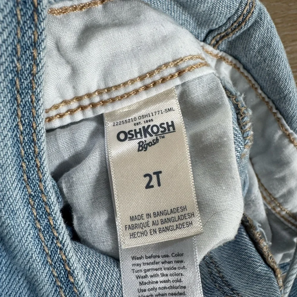 OSHKOSH Bgosh baby girls light wash patchwork distress denim overall size 2T